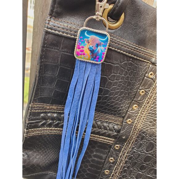 Handmade cow lover boho Leather Fringe Western bag charm, Long fringe keychain - Picture 1 of 5